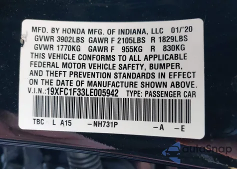 2020 Honda Civic Ex z USA, uszkodzony, nr VIN 19XFC1F33LE005942